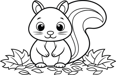 Cute Squirrel Outline with Bushy Tail and Fall Leaves, Illustration