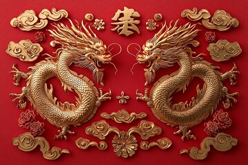 Fototapeta premium Golden Dragons facing each other on red background; Chinese New Year design