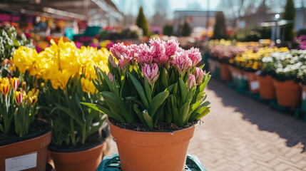 Beautiful pink flowers in pot at vibrant garden center