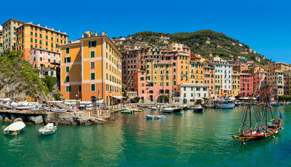 Panorama of the port of Camogli in Liguria, Italy.