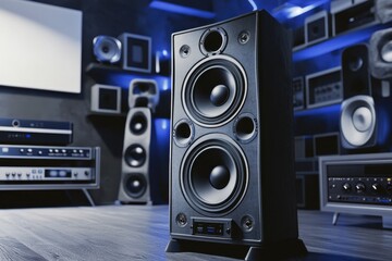 High-quality audio speaker setup in modern home entertainment room with ambient lighting