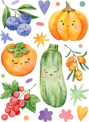 Watercolor hand painting fruits and berries set. Illustration isolated on white background. Pumpkin, raspberries, blueberries, persimmon. Use it for cards, invitations and scrapbooking.