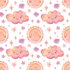 Watercolor hand painted cute weather pattern. Nursery, love, sun, stars, clouds. White background. Use it for postcards, invitations, and scrapbooking.