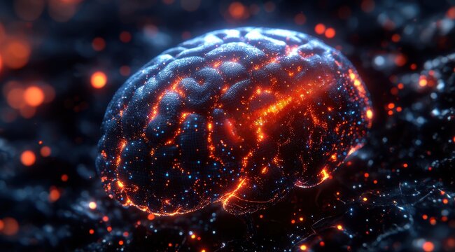 A brain with a glowing red spot on it