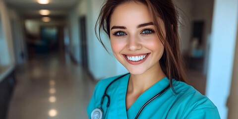 Fototapeta premium Nurse Smiling in Hospital Corridor