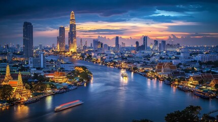 Fototapeta premium River cruise at dusk bangkok thailand cityscape scenic view urban serenity