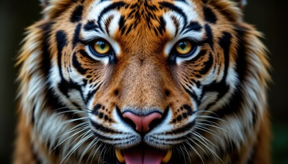 Fototapeta premium The close up portrait captures the intensity of the Bengal tiger's gaze as it stares fiercely into the camera