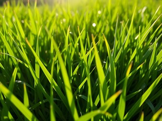 Obraz premium Close-up of Lush Green Grass Blades Lit by Golden Sunlight - Nature's Beauty.