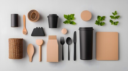 Flat lay featuring a collection of diverse storage containers including cardboard wicker and metal pieces in different shapes and dimensions arranged neatly on a light wooden surface