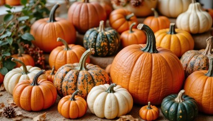 Decorate your home with an array of colorful pumpkins, squashes, and gourds to celebrate the vibrant beauty of autumn.