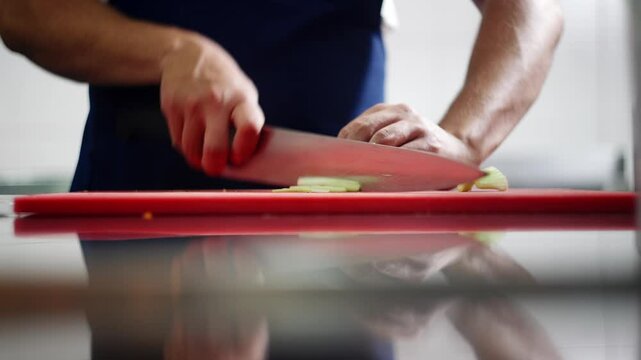 Close up view of a chef cutting celery sticks in julienne over a board.
