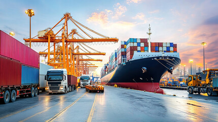Fototapeta premium Cargo ship docked at busy port with towering cranes and deck containers, surrounded by cargo trucks, construction materials, and street lights under clear blue skies.