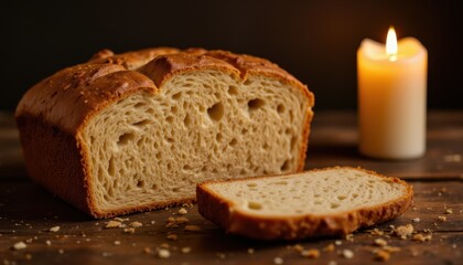 The warm aroma of freshly baked bread wafts through the air, as the golden loaf sits on a rustic wooden table