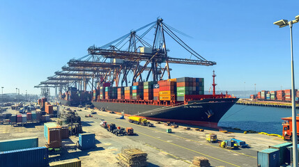 Naklejka premium Cargo ship docked at busy port with towering cranes and deck containers, surrounded by cargo trucks, construction materials, and street lights under clear blue skies.