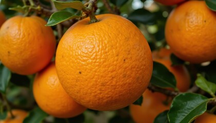The fresh orange fruit on the tree is a vibrant shade of orange, with a shiny, smooth skin that glistens in the sunlight
