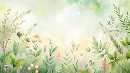 **Soft watercolor meadow background with wild herbs and tea leaves in pastel greens, tranquil botanical scene with copy space**  