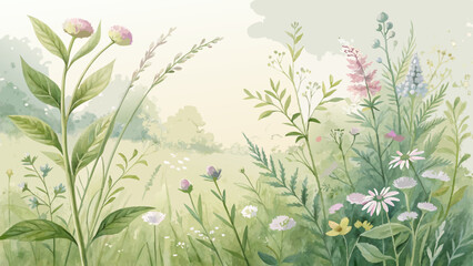 **Soft watercolor meadow background with wild herbs and tea leaves in pastel greens, tranquil botanical scene with copy space**  