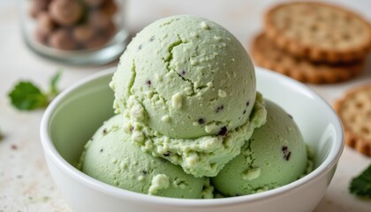 A rich and creamy mint infused ice cream, made with fresh mint leaves, folded into a luscious chocolate wafer base