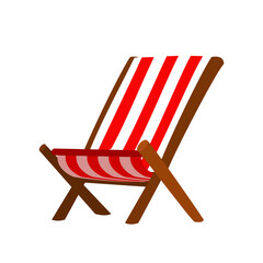 Stripped beach chair in red and white colors with wooden construction isolated on white background. Cartoon vector illustration.