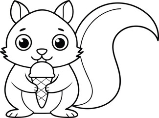 Outline Squirrel Holding Ice Cream Cone, Cute Cartoon Character on Transparent Background