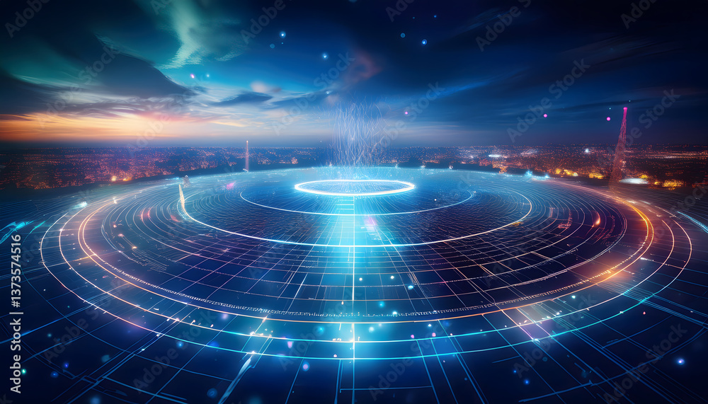 Aufkleber futuristic cityscape with glowing circular patterns and a vibrant sky, suggesting advanced technolog