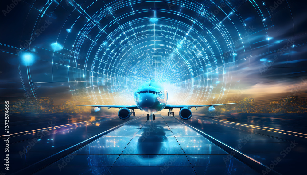 Poster a futuristic airplane illuminated in blue tones, set against a dynamic, abstract background that evo