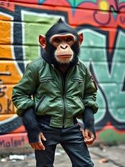 Monkey in Green Bomber, Graffiti Wall Urban Art Style