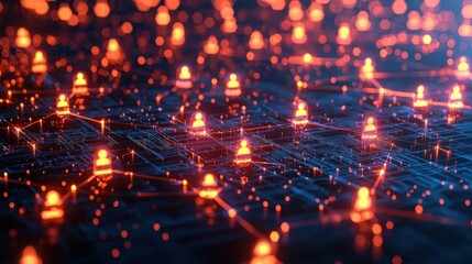 Fototapeta premium A digital network visualization featuring glowing nodes interconnected, representing data or communication pathways.