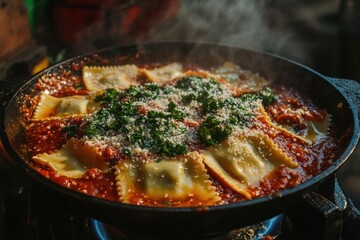 Freshly Cooked Ravioli with Sauce and Herbs in a Pan