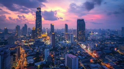 Naklejka premium Vibrant cityscape sunset over bangkok thailand aerial view urban landscape nightlife concepts
