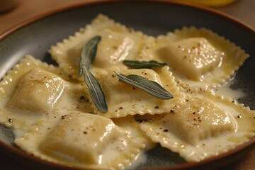 Fresh Homemade Ravioli with Sage and Butter Sauce on a Plate