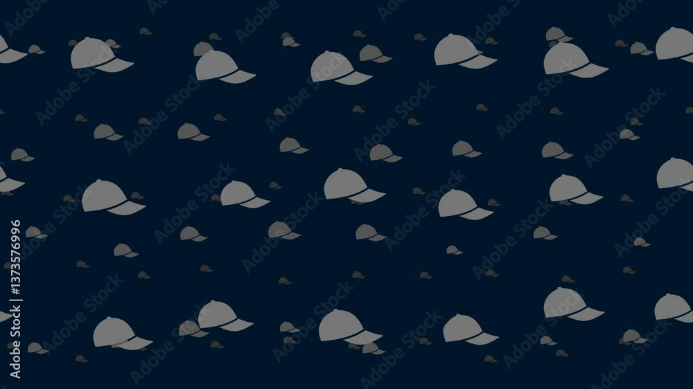 Poster baseball cap symbols float horizontally from left to right. parallax fly effect. floating symbols ar