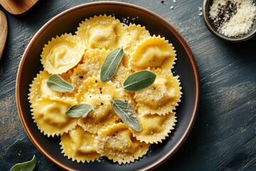 Delicious Homemade Ravioli with Sage and Cheese on Rustic Table