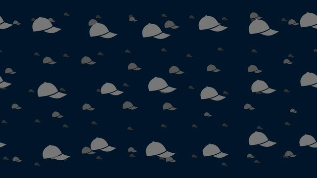 Baseball cap symbols float horizontally from left to right. Parallax fly effect. Floating symbols are located randomly. Seamless looped 4k animation on dark blue background