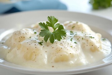 Creamy Dumplings with Herb Garnish in White Sauce on Plate
