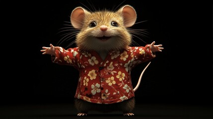 Charming mouse in a vibrant red floral kimono! A whimsical 3D render with a curious expression against a sleek black backdrop