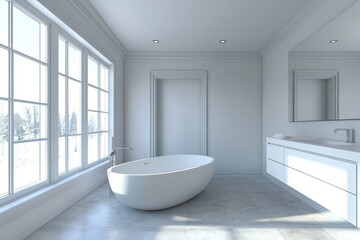 Bright minimalist bathroom featuring a large window and a modern oval shaped freestanding bathtub