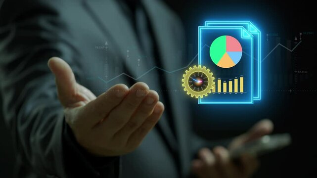 Business efficiency concept, how much a company or organization can produce as it relates to time, cost and quality. Businessman shows glowing neon line of efficiency metrics icon on virtual screen.