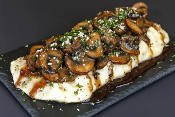 Creamy Mashed Potatoes with Sautéed Mushrooms and Sauce Drizzle