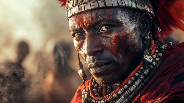 video of A striking portrait of a Maasai warrior in Africa, dressed in traditional sh&uacute;k&agrave; attire and adorned with intricate beaded jewelry. The warrior stands proudly against a vast savanna landscape