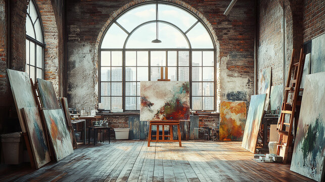 loft style artist studio with paint stained wooden floor and large windows