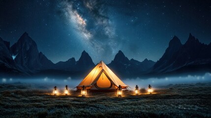 Nighttime Mountain Adventure, Glowing Atmosphere Under a Starry Sky