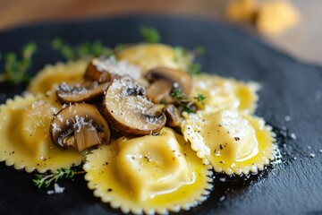 Fresh Ravioli with Mushrooms and Parmesan Served on Dark Plate