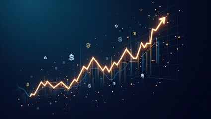 A sleek, dark blue market chart with bold golden lines showing a rising stock graph, surrounded by glowing profit symbols and crisp financial data, evoking growth.
