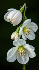 Obraz premium Delicate hellebore petals unfurl frosty white flowers isolated on dark green background, frost, nature, flower