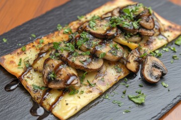 Delicious flatbread topped with sautéed mushrooms and herbs drizzle