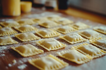 Homemade Ravioli on a Wooden Surface with Flour Dusting