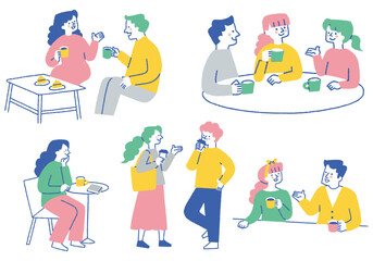 Set of people drinking coffee in a cafe_color