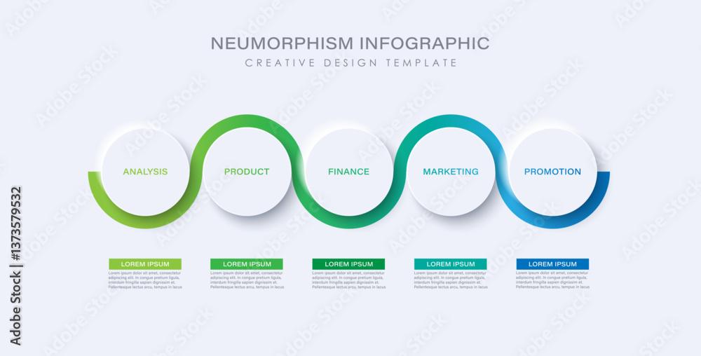 Wall mural neumorphic infographic design template with 5 options. concept of development process.