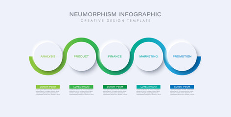 Neumorphic infographic design template with 5 options. Concept of development process.
